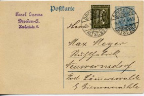 1921, 15.Sep., 30Pfg.-GA-Kte.m. Zus.-Frankatur. DRESDEN-ALTST. 28 g(Handstpl.) nach Neuw...