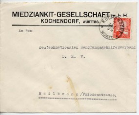 1925, 5.Dez., Bf.m. EF. KOCHENDORF WÜRTT **(württ. Handstpl.) nach Heilbronn. Porto: RM ...