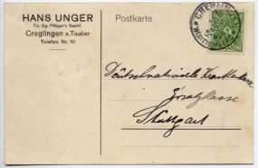 1923, 12.Jun., Kte. m. EF. CREGLINGEN WÜRTTEMBERG **(württ. Handstpl.) nach Stuttgart. P...