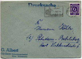 1946, 23.Aug., Drucks.-Bf.m. EF. (15) GERA 4 h - ACHTET AUF DEN KARTOFFELKÄFER(Masch.-We...