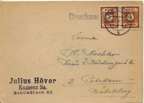1946, 18.Jan., Drucks.-Kte. m. MeF. (10) KAMENZ (SACHS) 1 a(Handstpl.) nach Potsdam. Por...