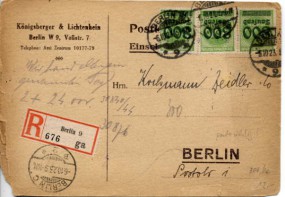 1923, 6.Okt., R-Kte. m. MeF. BERLIN W9 *m(Handstpl.) nach BERLIN C2 Ba. Postlaufzeit: ...