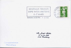 1992, 7.Dez., Kte. m. EF. 38 BOURGOIN-JALLIEU PPAL ISERE - MINERAUX FOSSILES EXPO INTER-N...