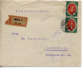 1920, 28.Apr., R-Bf.m. MeF. GÖRLITZ 3 *a(Handstpl.) nach LEIPZIG 13 a f. Postlaufzeit:...