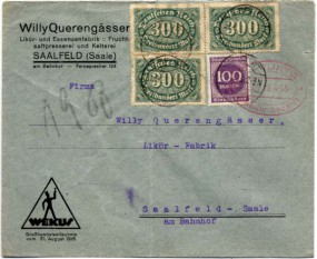 1923, 31.Aug., Bf.m. MiF. ERFURT 3 *.(Handstpl.) nach Saalfeld. Porto: 20000 M. Umschlag...