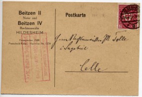 1922, 24.Apr., Kte. m. EF. HILDESHEIM 2 *i(Handstpl.) nach Celle. Porto: M 1.25.