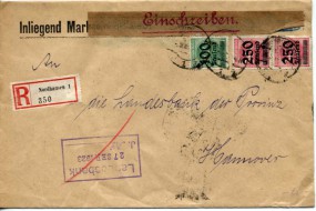 1923, 26.Sep., R-Bf.m. MiF. NORDHAUSEN 1 *g(undeutl.Handstpl.) nach HANNOVER 1 *z. Pos...