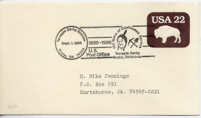 1986, 1.Sep., 22¢-GA-Umschlag. KREBS, OK 74554 TERRAPIN DERBY STATION - 1886-1986 U.S.POS...