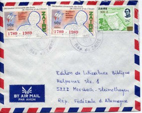 1990, 30.Nov., Lp.-Bf.m. MiF. KINSHASA C.P.X(Handstpl.) nach Deutschland. Porto: 400 Z.