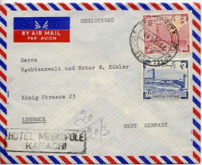 1958, 20.Mrz., R-Lp.-Bf.m. MiF. HOTEL METROPOLE KARACHI M.C. nach Westdeutschland. Porto...
