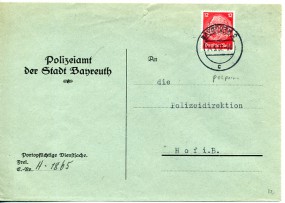 1937, 14.Mai , Bf.m. EF. BAYREUTH 2 c(Handstpl.) nach Hof. Porto: RM 0.12. Mke. m. Lochu...