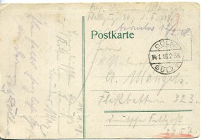 1918, 14.Jan., Ans.-Kte. CÖLN-SÜLZ a(Handstpl.) an Feldpostnr. 2257 (Flakbatterie 323).