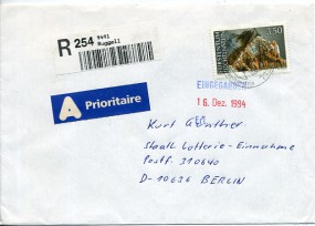 1994, 12.Dez., R-Bf.m. EF. 9491 RUGGELL 9b(Handstpl.) nach Deutschland. Porto: Fr.3.50.