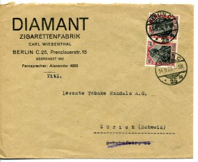 1920, 14.Sep., Bf.m. MeF. BERLIN C25 *m(Handstpl.) in die Schweiz. Porto: M 0.80.