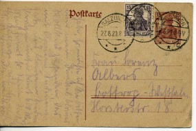 1920, 27.Aug., 15Pfg.-GA-Kte.m. Zus.-Frankatur. SALZUNGEN **c(Handstpl.) nach Bottrop. P...