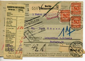 1925, 18.Feb., Paketkte. m. MeF. BERLIN-WILMERSDORF 1 c(Handstpl.) in die Schweiz. Porto...