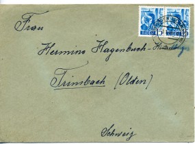 1949, 3.Jan., Bf.m. MeF. ST. GEORGEN (SCHWARZW) b(Handstpl.) in die Schweiz. Porto: DM 0...
