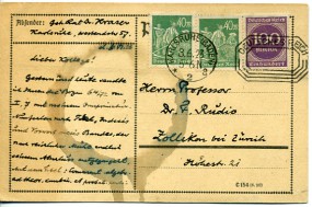 1923, 8.Jun., Kte. m. MiF. KARLSRUHE (BADEN) 2 a(Schalterfreistpl.) in die Schweiz. Port...