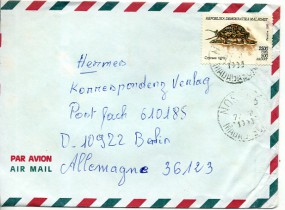 1993, 22.Okt., Lp.-Bf.m. EF. NOSSI BE(Handstpl.) nach Deutschland. Porto: 2500 F.