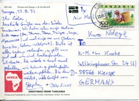 1993, 23.Sep., Lp.-Ans.-Kte. m. EF. SONGEA(Handstpl.) nach Deutschland. Porto: 100'-.