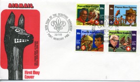 1982, 20.Jan., FDC m. MiF. PORT MORESBY - 75TH YEAR OF THE SCOUTING MOVEMENT(So.-Stpl.)....