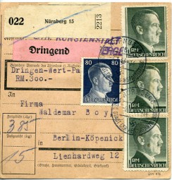 1944, 8.Jan., Paketkte. m. MiF. NÜRNBERG 15 DIE STADT DER REICHSPARTEITAGE(Handstpl.) na...