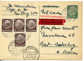 1934, 5.Sep., Eil-6Pfg.-GA-Kte.m. Zus.-Frankatur. FRANKFURT (MAIN) 1 as(Handstpl.) nach ...