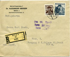 1938, 8.Apr., R-Bf.m. MiF. 1 WIEN 21 *d*(Handstpl.) nach Wien. Porto: S 0.52. M. viol.Ha...