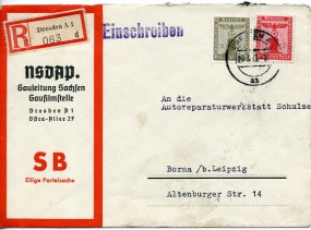 1943, 25.Mrz., R-Bf.m. MiF. DRESDEN A1 aa(Handstpl.) nach BORNA (BZ. LEIPZIG) a. Postl...