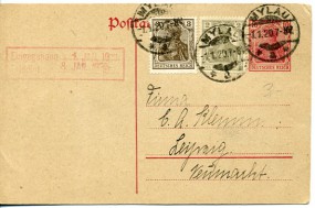 1920, 1.Jan., 10Pfg.-GA-Kte.m. Zus.-Frankatur. MYLAU a**(Handstpl.) nach Leipzig. Porto:...