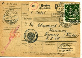 1921, 9.Mrz., Paketkte. m. MiF. MENDEN (KR. ISERLOHN)(Handstpl.) über CÖLN-DEUTZ 1, M...