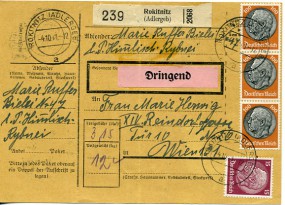 1941, 4.Okt., Paketkte. m. MiF. ROKITNITZ (ADLERGEB) a(Handstpl.) nach Wien. Porto: RM 3...