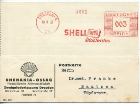 1933, 19.Sep., Drucks.-Kte. DRESDEN-A24 - SHELL REISEDIENST KOSTENLOS(Abs.-Freistpl.) na...