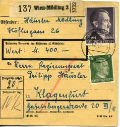1942, 11.Aug., Paketkte. m. MiF. WIEN-MÖDLING 2 d(Handstpl.) nach Klagenfurt. Porto: RM ...