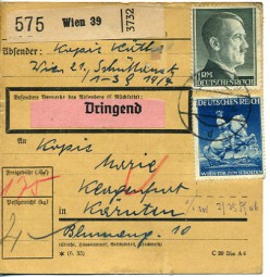 1942, 21.Sep., Paketkte. m. MiF. 2/3 WIEN 39 d(österr. Handstpl.) nach Klagenfurt. Porto...