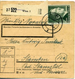 1944, 1.Sep., Paketkte. m. EF. WIEN 1 g(Handstpl.) nach Stainzen. Porto: RM 1.00.