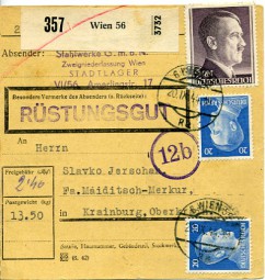 1944, 20.Sep., Paketkte. m. MiF. 6 WIEN 56 Ra(österr. Handstpl.) nach Krainburg. Porto: ...