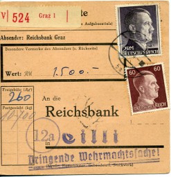 1944, 28.Nov., W-Paketkte. m. MiF. GRAZ 1 5a(österr. Handstpl.) nach Cilli. Porto: RM 2....