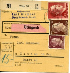 1942, 3.Nov., Paketkte. m. MiF. . WIEN 34..(österr. undeutl.Handstpl.) nach ZITTAU 1 l...
