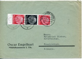 1937, 8.Nov., Bf.m. EF. MÜHLHAUSEN (THÜR) 1 m(Handstpl.) in die Schweiz. Porto: RM 0.25....
