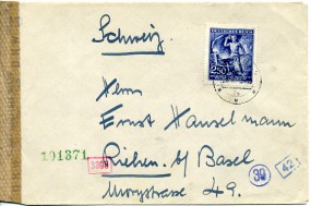 1943, 26.Jun., Bf.m. EF. BRÜNN 1 2b(Handstpl.) in die Schweiz. Porto: K 2.50. M. dt.Zens...