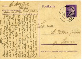 1942, 8.Aug., 6Pfg.-GA-Kte. - RIGA zh(sowj.Handstpl.) nach Lenas. Porto: RM 0.06.