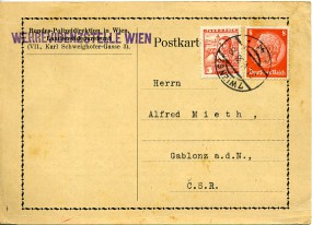 1938, 31.Mai , Kte. m. MiF. 7 WIEN 62 *4d*(Handstpl.) in die Tschechoslowakei. Porto: RM...