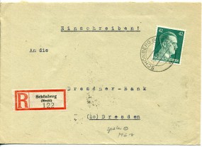 1945, 20.Mrz., R-Bf.m. EF. SCHÖNBERG (MECKL) a(Handstpl.) nach DRESDEN A20 e. Postlauf...