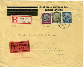 1939, 4.Mrz., R-Eil-Bf.m. MiF. ./8 WIEN 110 R/a(Handstpl.) nach GEHREN (THÜR) a. Postl...