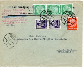 1938, 4.Aug., Bf.m. MiF. 1 WIEN 8 5f(Handstpl.) über 15 WIEN 101 11k in die Schweiz. P...