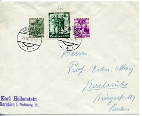 1938, 14.Apr., Bf.m. MiF. DORNBIRN *b*(Handstpl.) nach Karlsruhe. Porto: RM 0.12.