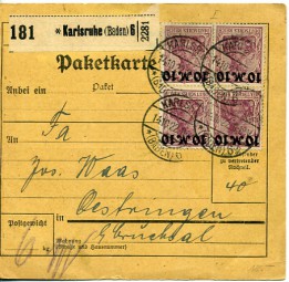 1922, 14.Okt., Paketkte. m. MeF. KARLSRUHE (BADEN) 6 *b(Handstpl.) nach OESTRINGEN... ...