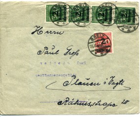 1923, 26.Okt., Bf.m. MiF. GREIZ **g(Handstpl.) nach Plauen. Porto: 10.000.000 M.