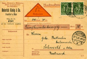 1922, 26.Mai , NN-Kte. m. MeF. FRANKFURT (MAIN)..(Handstpl.) nach SCHWEDT **d. Postlau...